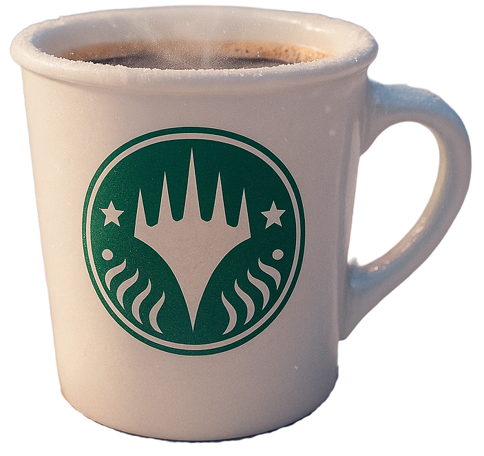 Paper coffee cup with Planeswalker symbol in ornamental style printed on it.