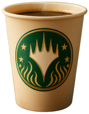 Paper coffee cup with Planeswalker symbol in ornamental style printed on it.
